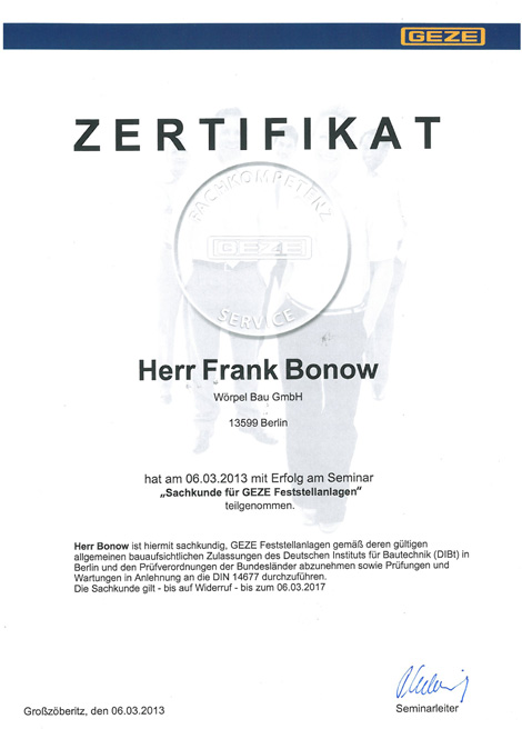 Zertifikat Frank Bonow GEZE Feststellanlagen