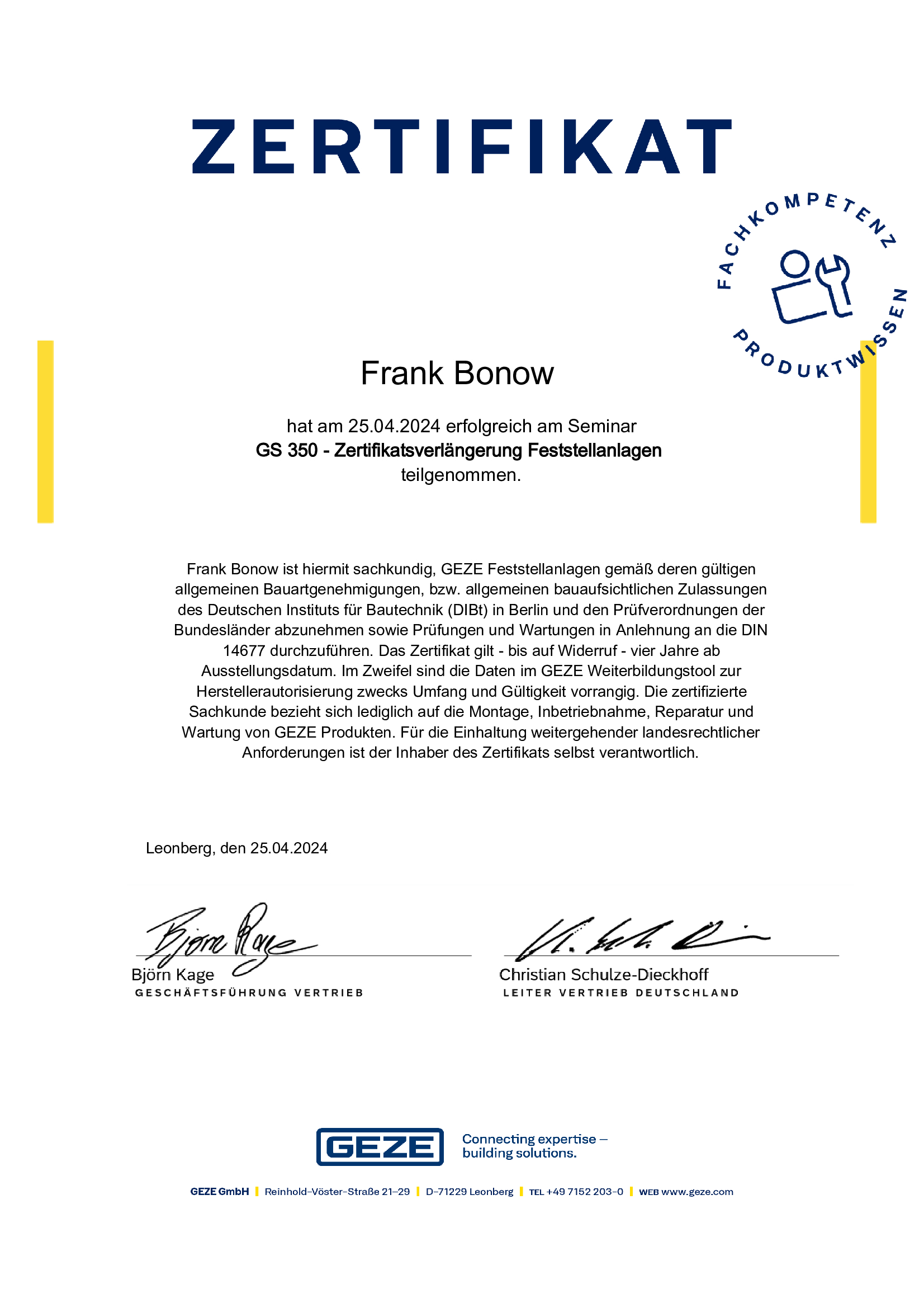 Frank Bonow - Zertifikat Feststellanlagen