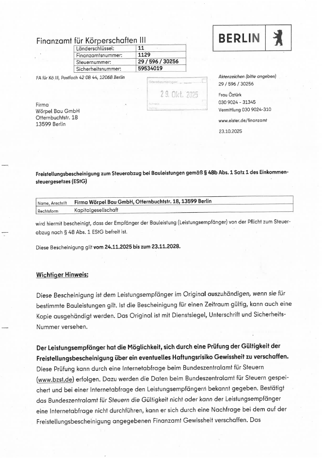 Freistellungsbescheinigung in Steuersachen